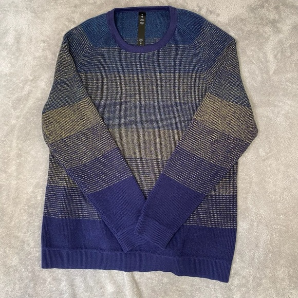 Lululemon Textured Knit Sweater Mens XL Blue Gold Striped Merino Wool Pullover - Picture 1 of 7